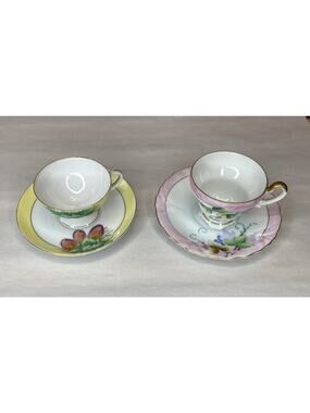Fern Japan Hand Painted Tea Cup & Saucer Set Of 2 Strawberries Floral 4 PCs